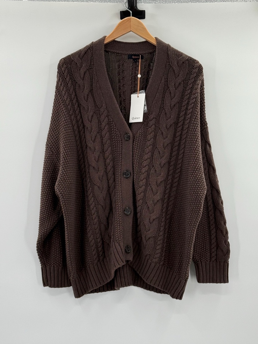 Quince 100% Organic Cotton Oversized Cable Knit Cardigan Heather Brown Large - Picture 15 of 16